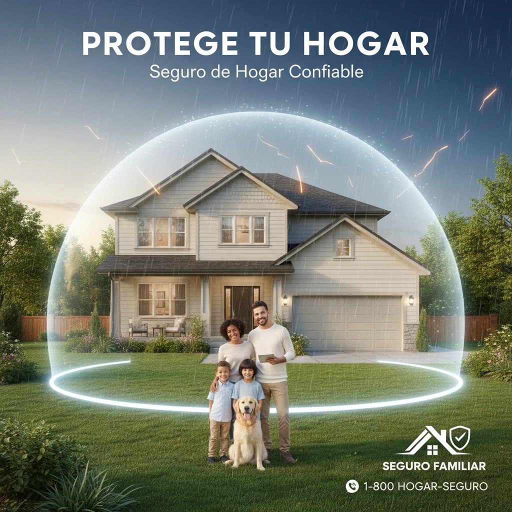 Una familia con su perro posa frente a una casa protegida por un escudo de energía transparente bajo una lluvia ligera.